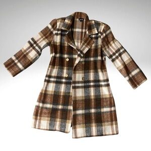 Beige and brown lightweight peacoat/blazer with gold accent buttons